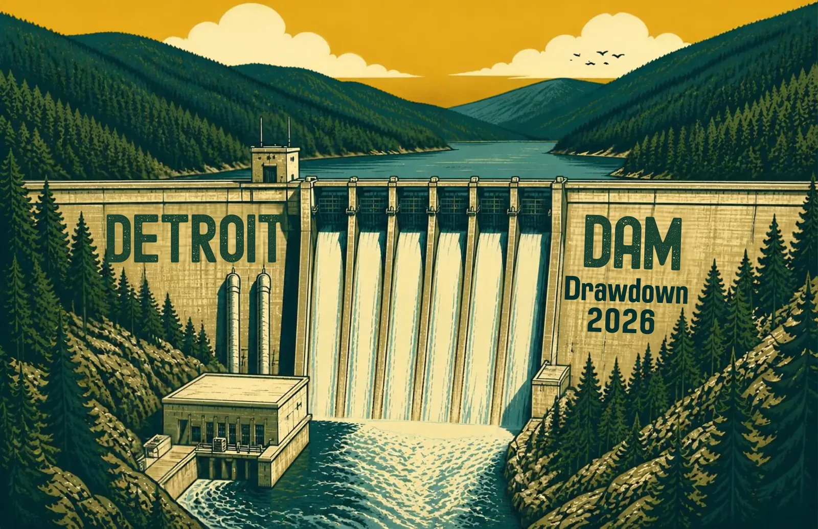 Illustrated poster of Detroit Dam spilling into the North Santiam canyon, titled Detroit Dam Drawdown 2026